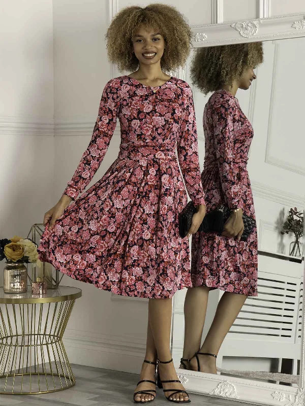 Women's High-Fashion Attire Kalani Long Sleeve Midi Dress, Navy Floral
