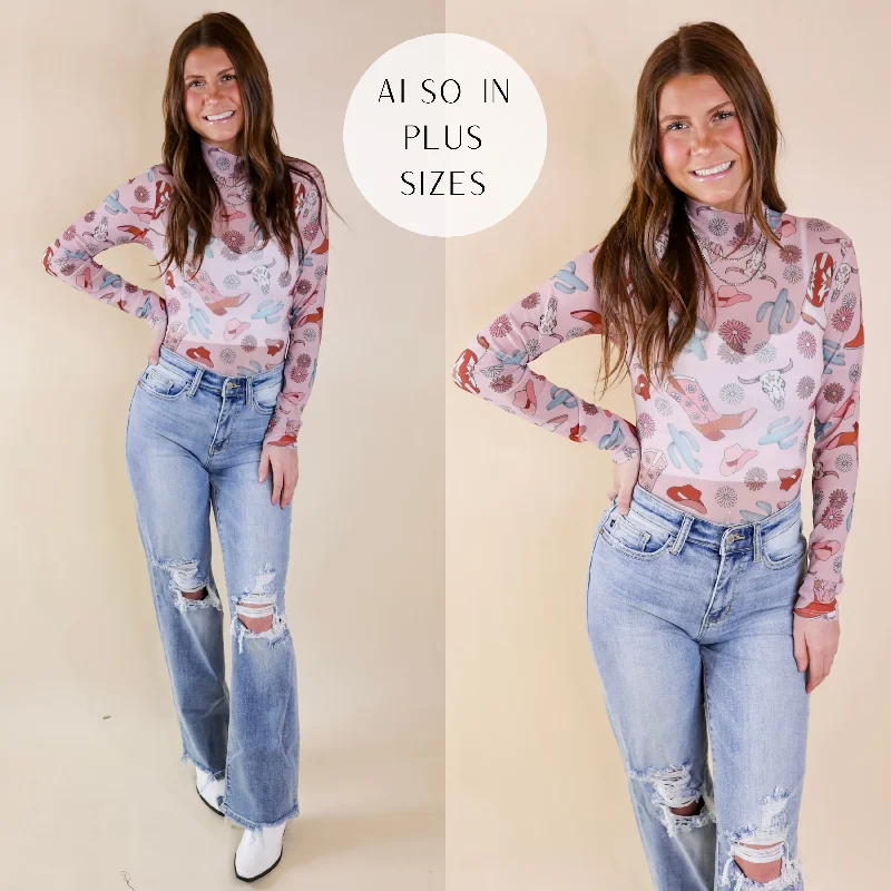 Casual Apparel For Women Try Your Luck Western Print Mesh Long Sleeve Bodysuit in Blush Pink