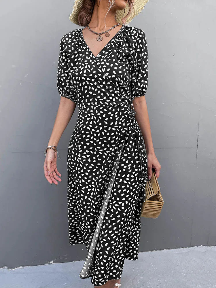 Women's Seasonal Clothes Casual Chiffon Side Wrap Polka Dot Puff A-line Split Midi Dresses Women's Seasonal Clothes Casual Chiffon Side Wrap Polka Dot Puff A-line Split Midi Dresses