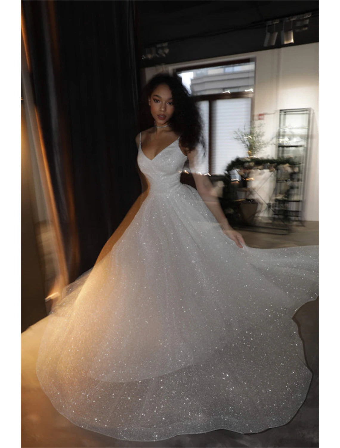 Women's Holiday Clothes Hall Sparkle & Shine Casual Wedding Dresses A-Line Camisole V Neck Spaghetti Strap Sweep / Brush Train Sequined Bridal Gowns With Solid Color Summer Fall Wedding Party