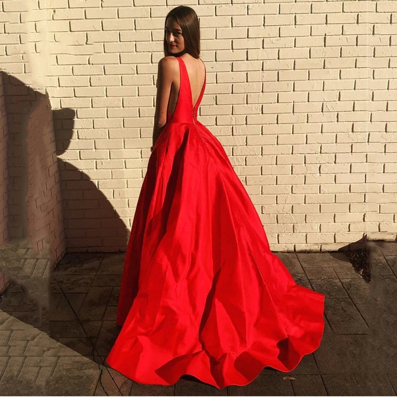 Women's Chic Apparel FashionSierra - CloverBridal In Stock Cheap Deep V Neckline Red Prom Dress