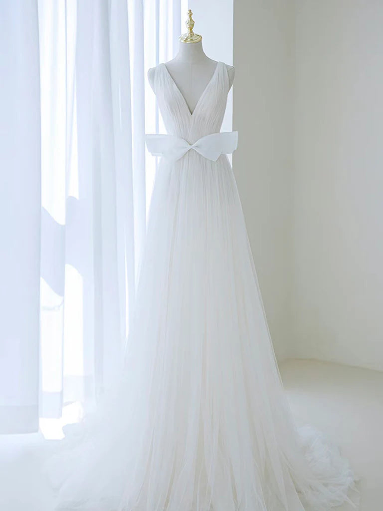 Timeless Women's Garments A-Line Deep V Neck Tulle Long Wedding Dress with Bow Fantastic Wedding Dress