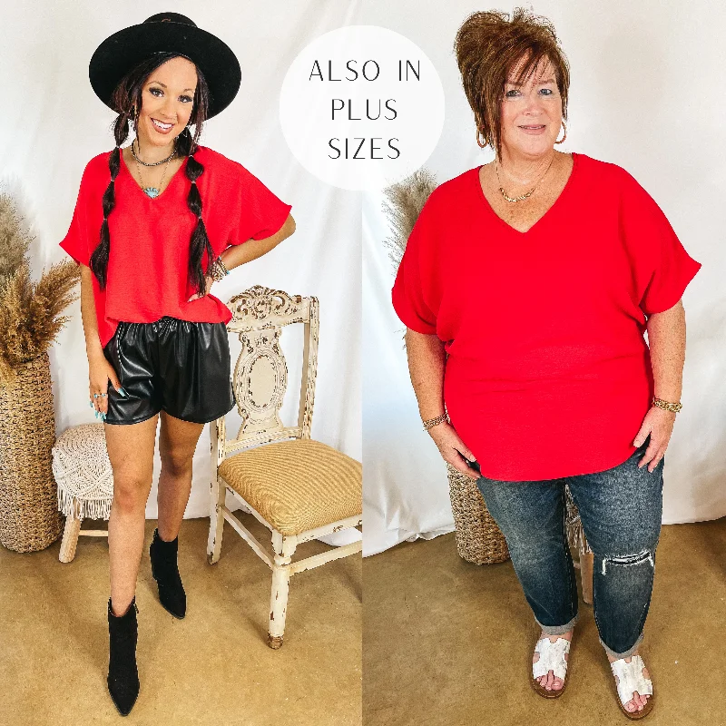 Plus-Size Women's Garments Last Chance Size Small | Lovely Dear V Neck Short Sleeve Solid Top in Red