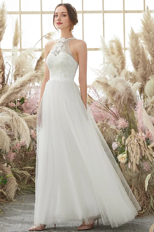 Women's Clothing Outfit Set Elegant White Halter Neck Wedding Dress Lace Tulle Long Dress