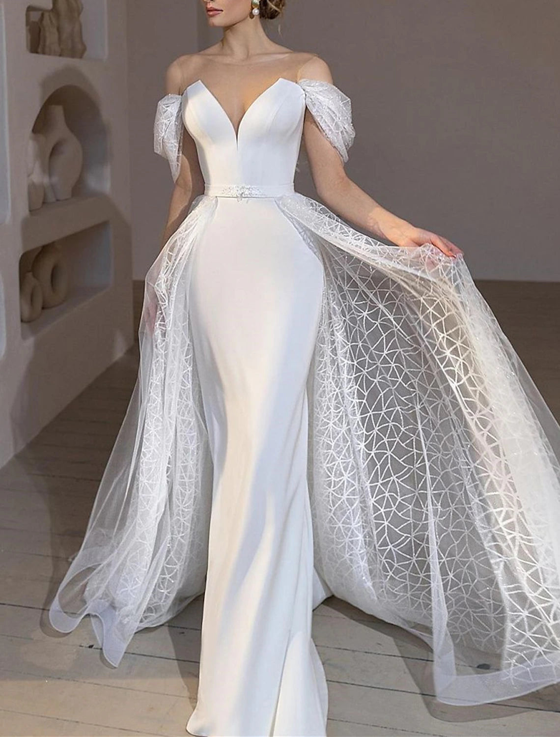 Stylish Outerwear Clothes For Women Beach Glitter & Sparkle Wedding Dresses Mermaid / Trumpet Off Shoulder Cap Sleeve Court Train Satin Bridal Gowns With Solid Color