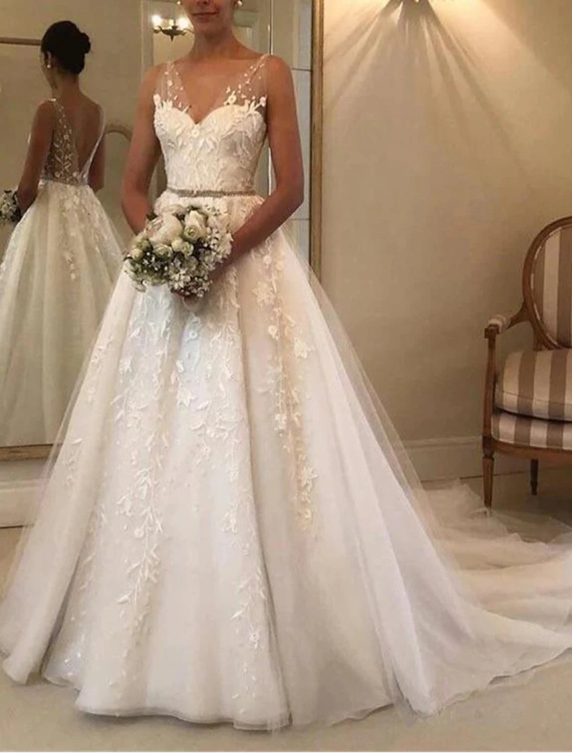 Women's Holiday Attire Open Back Formal Wedding Dresses A-Line V Neck Sleeveless Court Train Lace Bridal Gowns With Sash / Ribbon Appliques