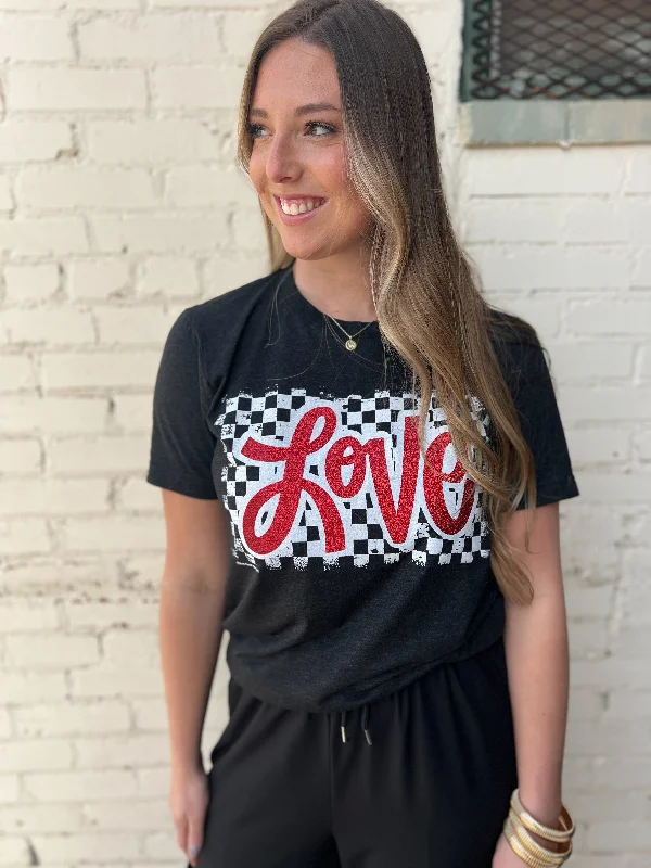 Women's Vintage-Inspired Outfit Glittered Love  Black Checkered Tee