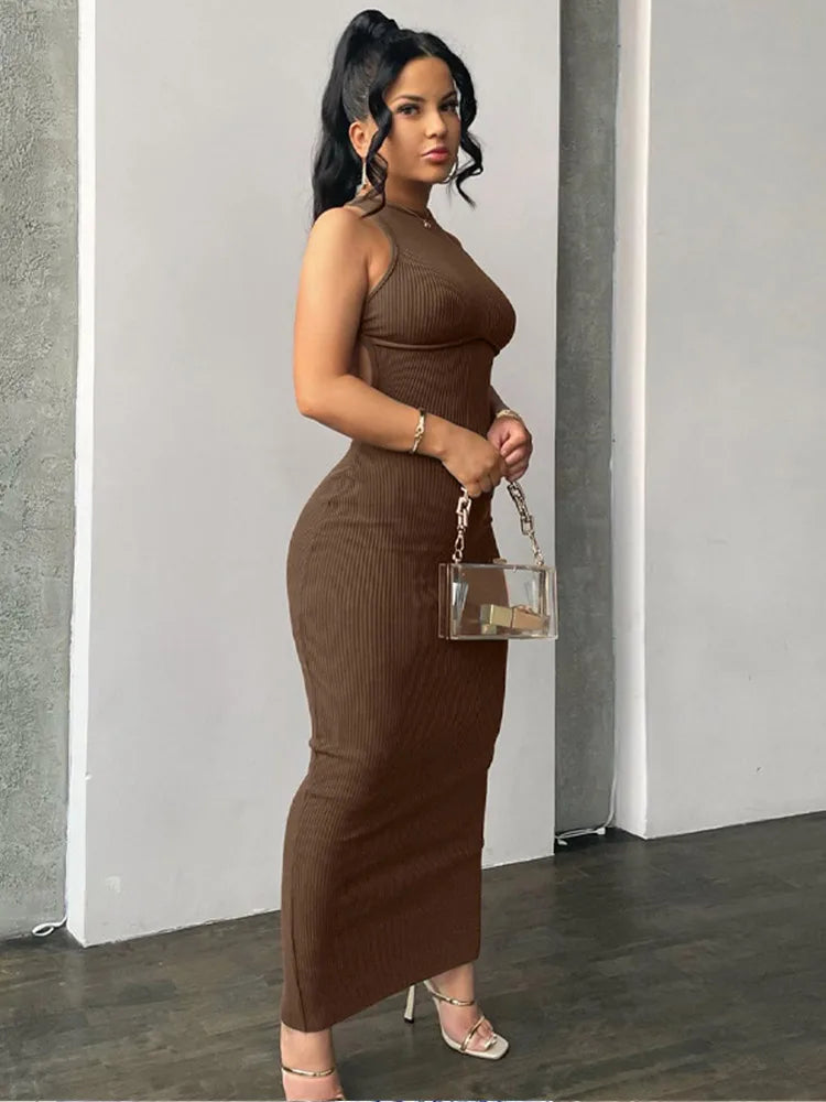 Affordable Women's Outfit Spring Sexy Backless Elegant Evening Birthday Brown Long Midi Dresses