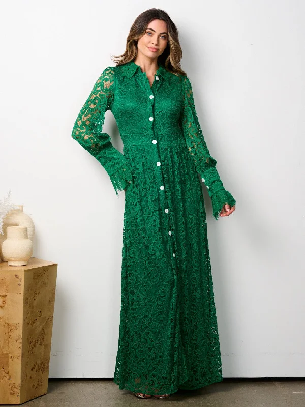 Women's Formal Clothes WOMEN'S LONG SLEEVE BUTTON UP ALL OVER LACE MAXI DRESS