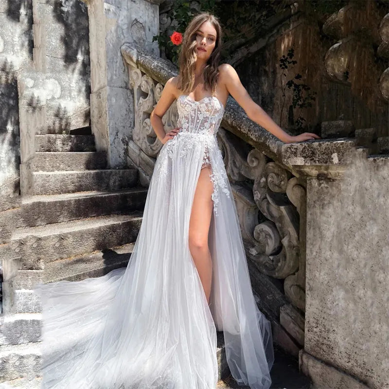 Women's Clothing Outfit Set Princess A-Line Lace Appliques Beach Wedding Dress For Women  Bohemian Side Slit Robe De MareFloor length  Sweetheart Sleeveless