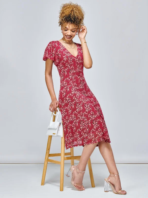 Women's Clothes For Work Events Stacy Floral Print Cross Front Midi Dress, Wine Floral Women's Clothes For Work Events Stacy Floral Print Cross Front Midi Dress, Wine Floral