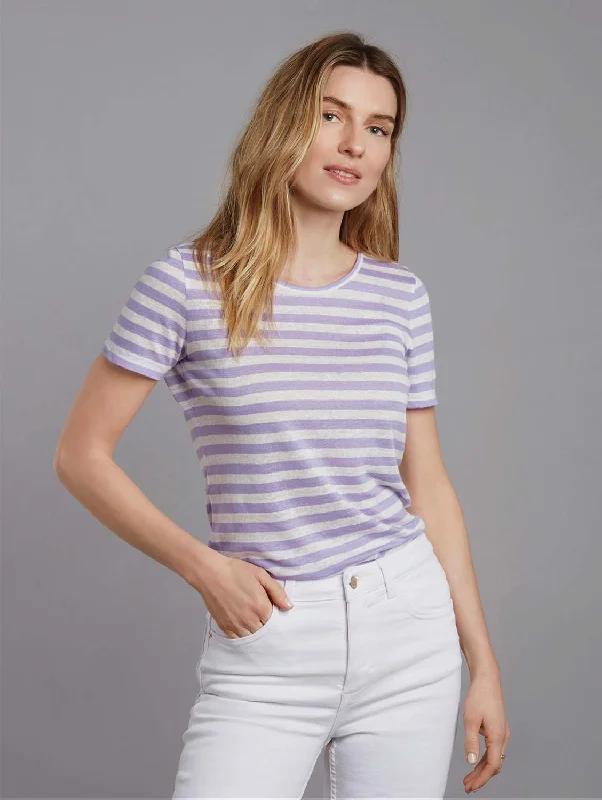 Stylish Women's Outerwear Apparel Short Sleeve Striped Linen T-shirt | Lavender