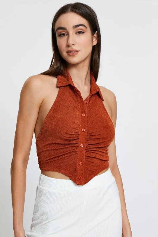 Women's Seasonal Apparel Brown Button Front Top Sleeveless