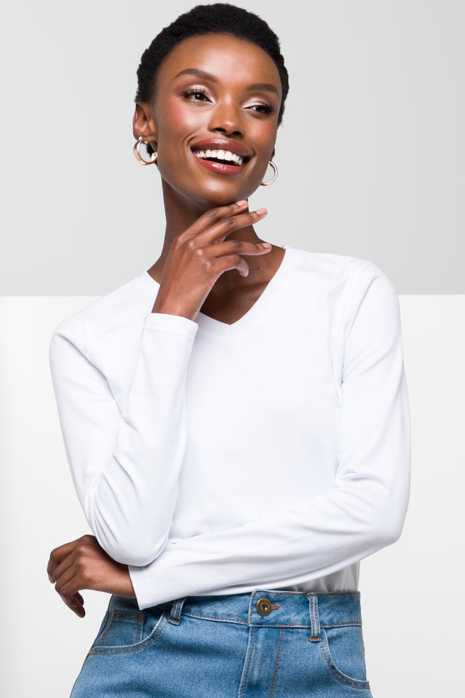 Women's Outerwear Clothing Long Sleeve V-Neck T-Shirt White