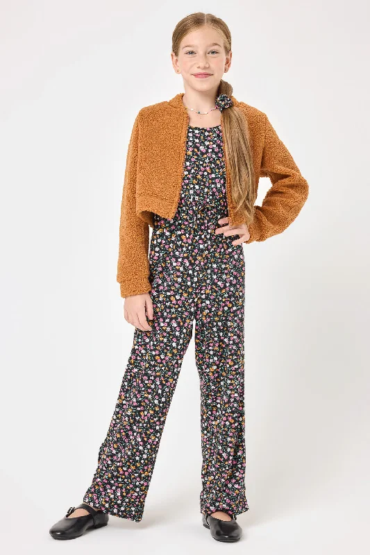 Women's Elegant Evening Attire Kids Floral Jumpsuit w. Mustard Sherpa Fleece Jacket