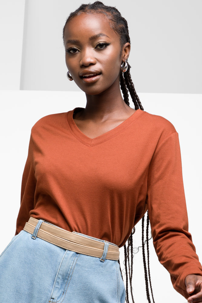 Women's Tops And Clothing Long Sleeve V-Neck T-Shirt Brown
