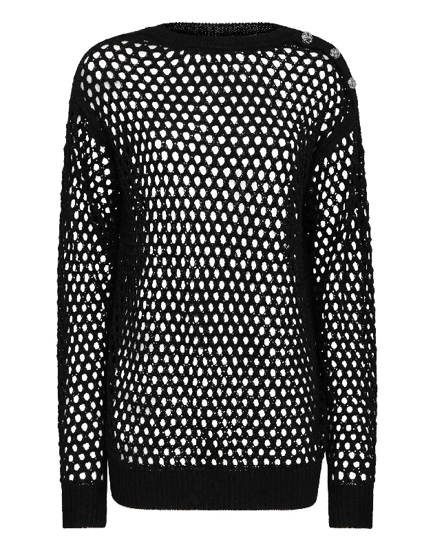 Women's Trendy Apparel Cashmere 5 Pullover Round Neck LS Fishnet Crystal