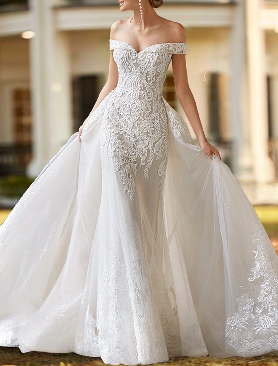 Affordable Women's Clothes Engagement Formal Wedding Dresses Two Piece Off Shoulder Cap Sleeve Court Train Satin Bridal Gowns With Beading Appliques