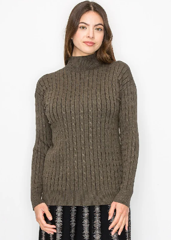 Women's Clothes Olive High Neck Cable Sweater