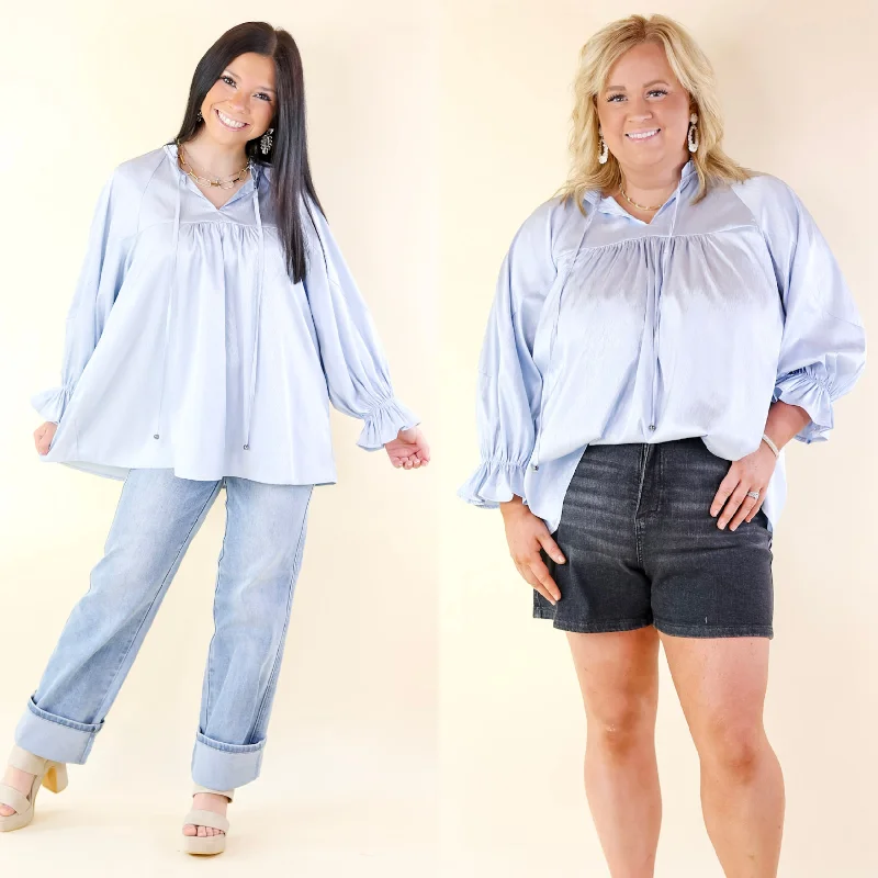 Stylish Women's Outfit Sunset Situation Front Tie Keyhole Blouse in Light Blue