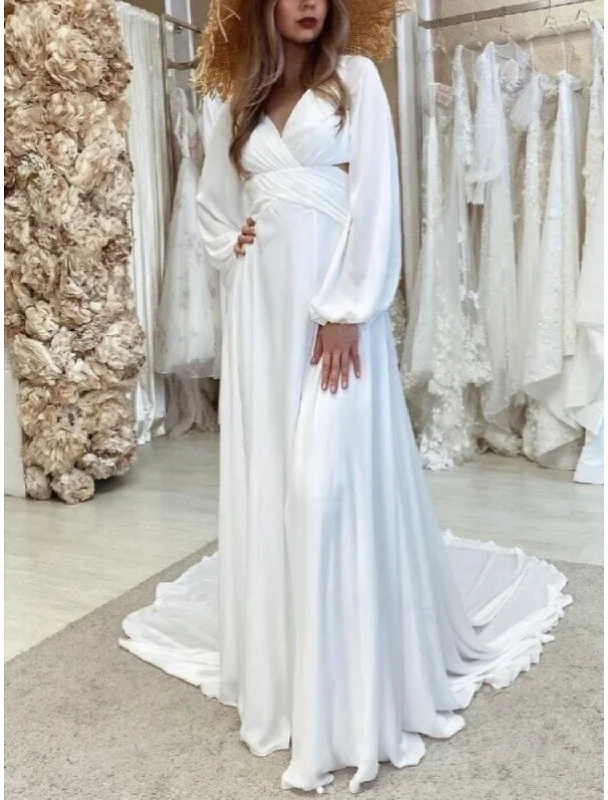 Modern Women's Apparel Formal Wedding Dresses Sheath / Column V Neck Long Sleeve Court Train Chiffon Bridal Gowns With Pleats Solid Color