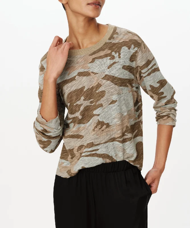 Women's Elegant Outfit Slub Jersey Long Sleeve Destroyed Wash Crop Tee - Faded Army-Multi