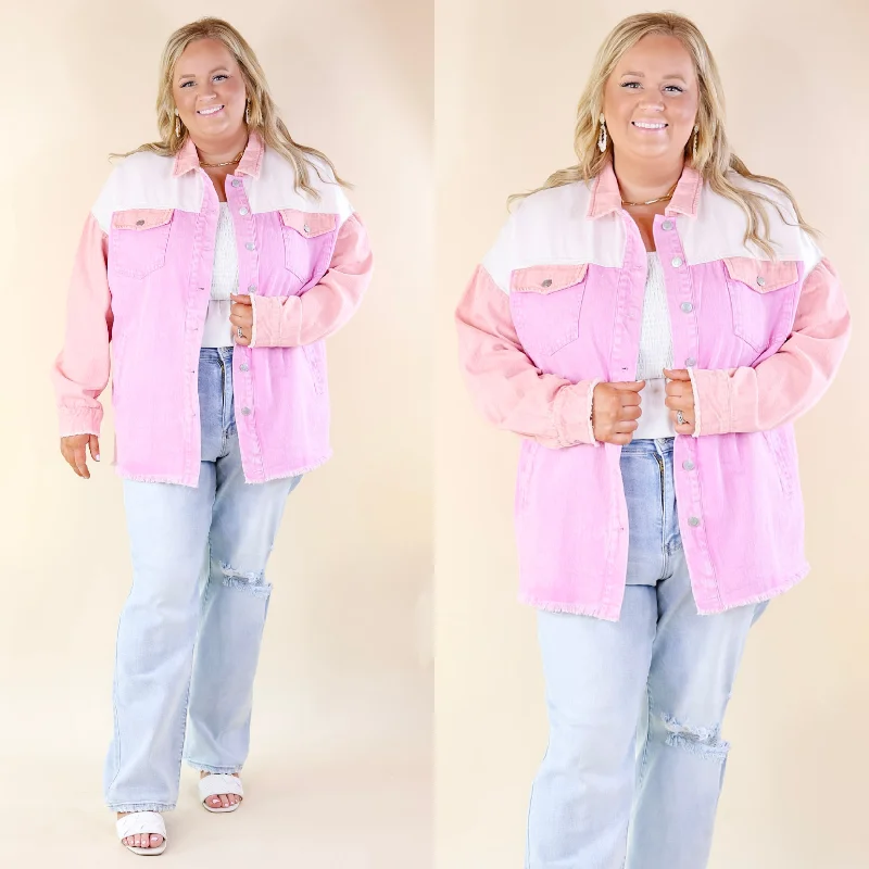 Women's Stylish Casual Garments Style Mentor Color Block Button Up Jacket in Coral and Pink
