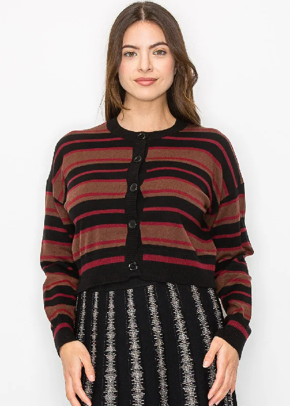 Women's Work Apparel Striped Burgundy & Black Cropped Cardigan