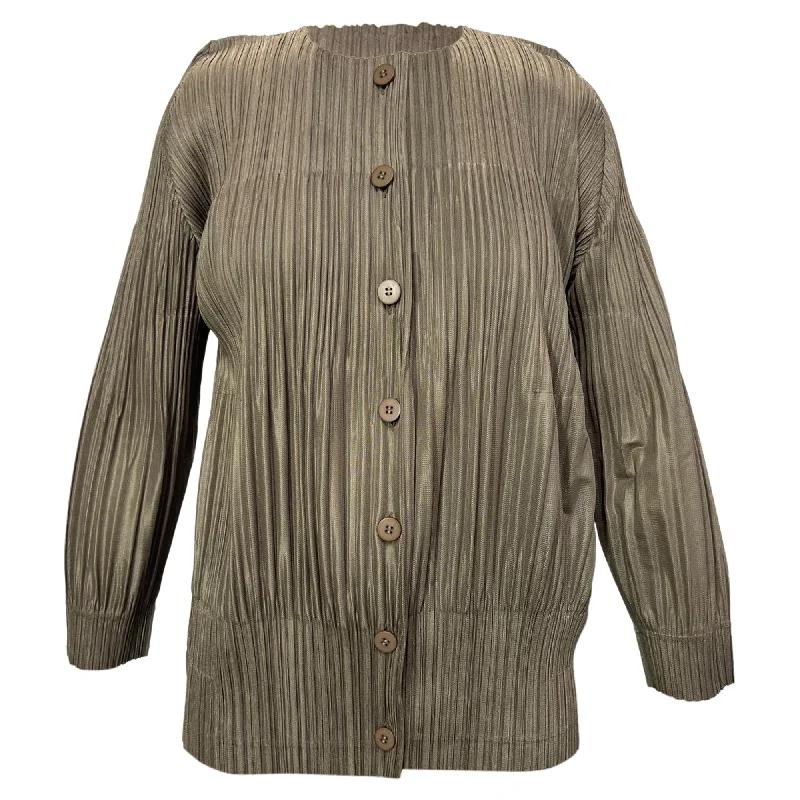 Women's Romantic Outfit Pleats Please Issey Miyake Button-Down Top in Brown Polyester