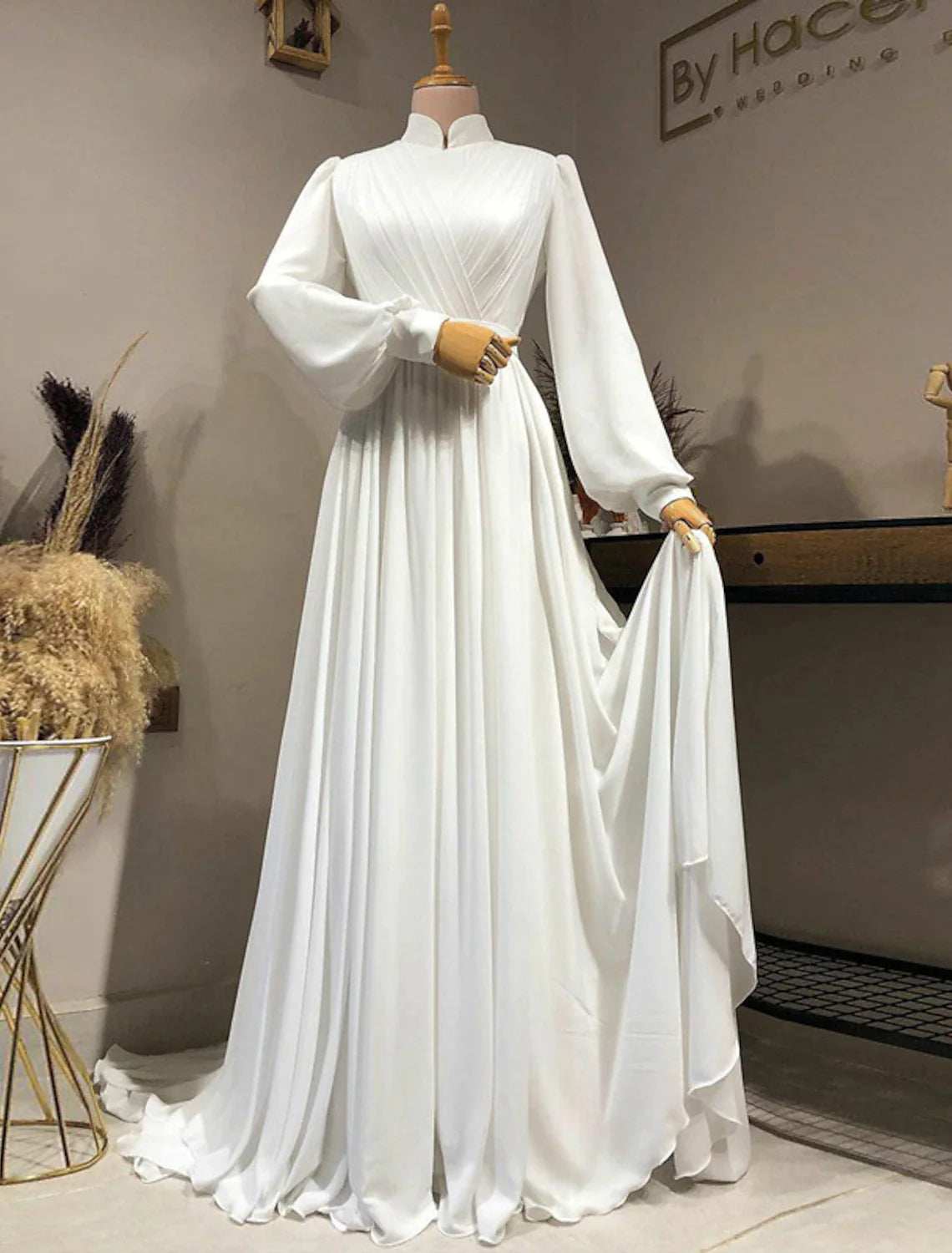 Timeless Women's Clothing Hall Vintage 1940s / 1950s Casual Wedding Dresses A-Line High Neck Long Sleeve Court Train Chiffon Bridal Gowns With Pleats