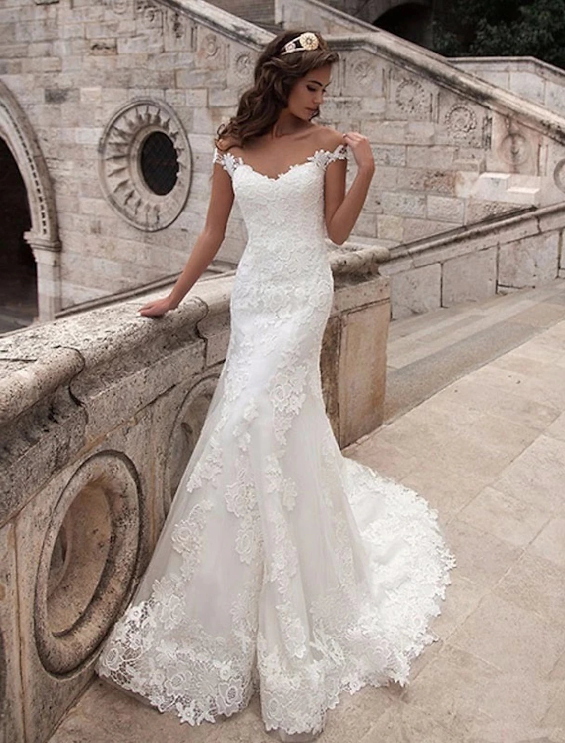 Women's Elegant Clothes Engagement Open Back Formal Wedding Dresses Mermaid / Trumpet Off Shoulder Cap Sleeve Court Train Lace Bridal Gowns With Appliques Summer Wedding Party