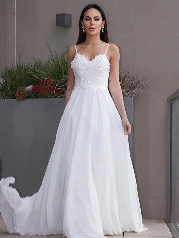 Women's Sports Apparel A-Line/Princess Chiffon Applique V-neck Sleeveless Sweep/Brush Train Wedding Dresses