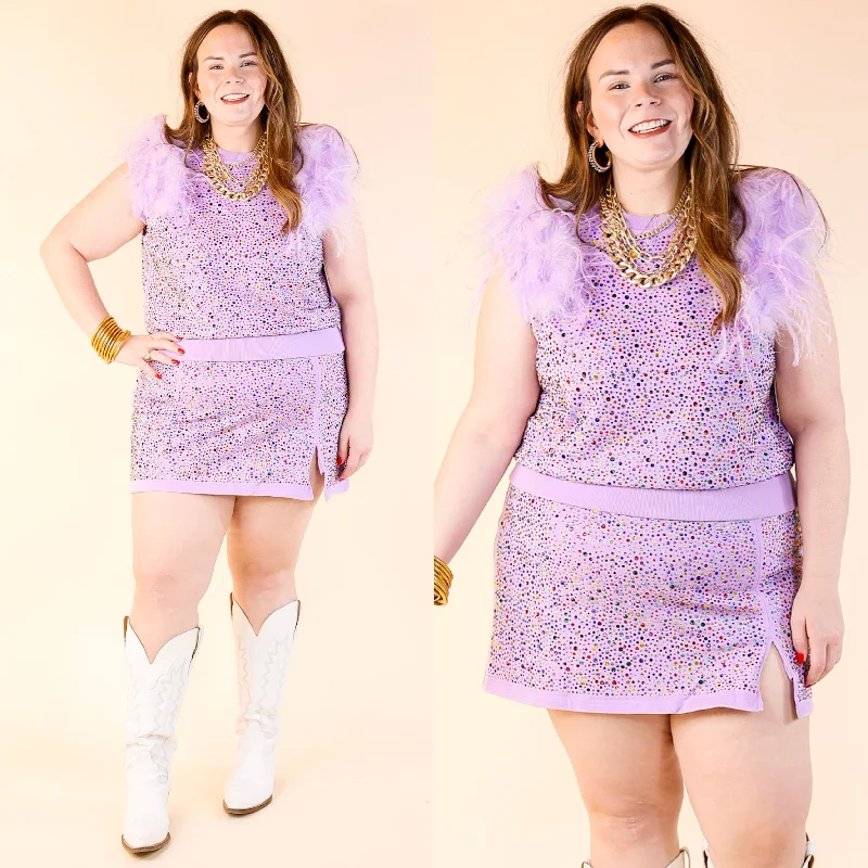 Women's Apparel Queen Of Sparkles | Crystal Studded Tank Top with Feather Shoulders in Lavender Purple