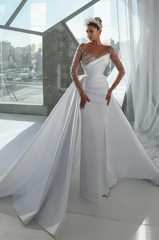 Women's Clothing For Everyday Wear Long Sleeves Mermaid Wedding Dress Overskirt WIth Beadings