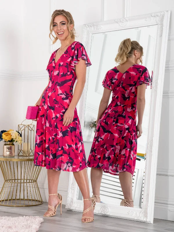 Women's Vacation Outfit Set Jolie Moi Grace Mesh Midi Dress, Pink Abstract