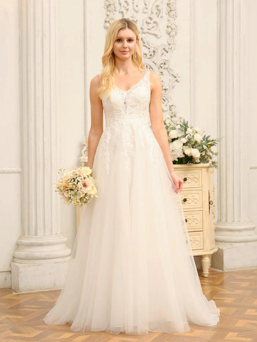 Women's Attire A-Line/Princess V-Neck Sleeveless Long Wedding Dresses With Appliques