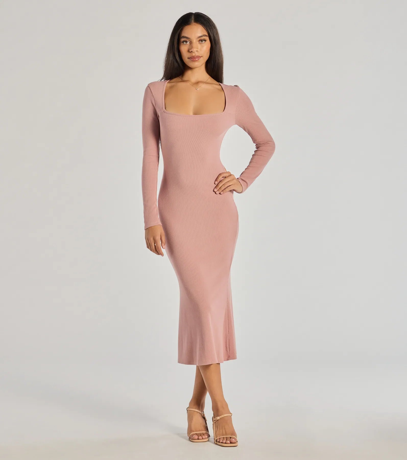 Formal Attire For Women Basic Cutie Long Sleeve Knit Midi Dress