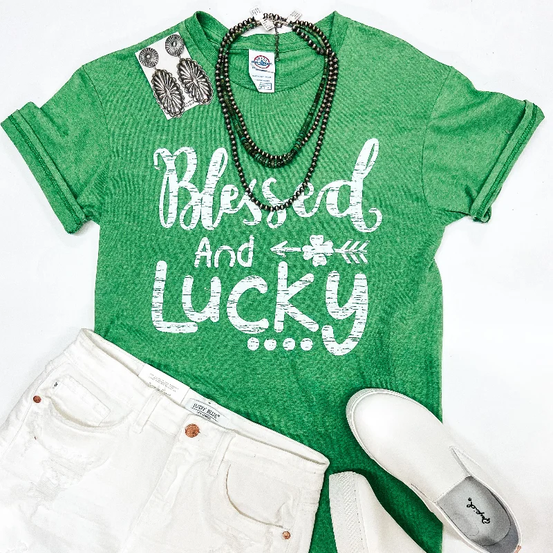 Women's Work Outfit For The Office Last Chance Size Small | Blessed and Lucky Short Sleeve Graphic Tee in Green