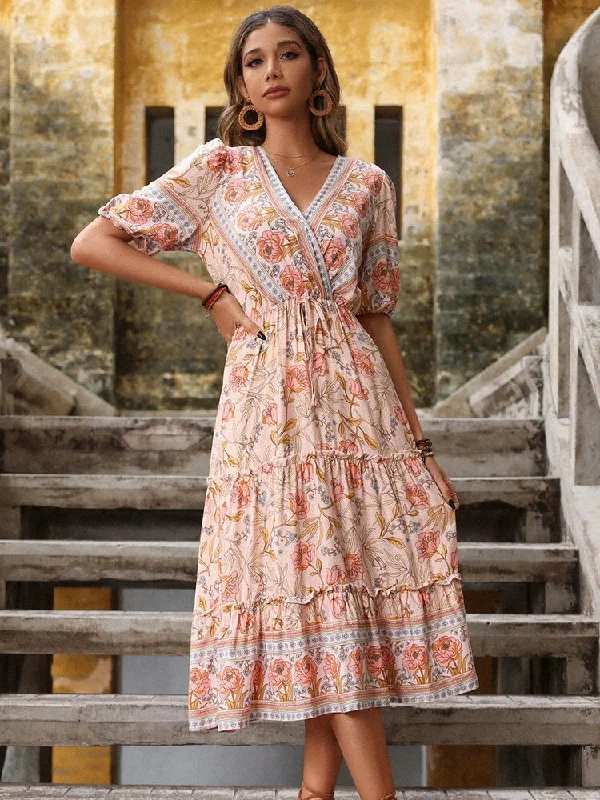 Women's Vacation Outfit Set FashionSierra - Bohemian Print V-neck HolidayChiffon Dress