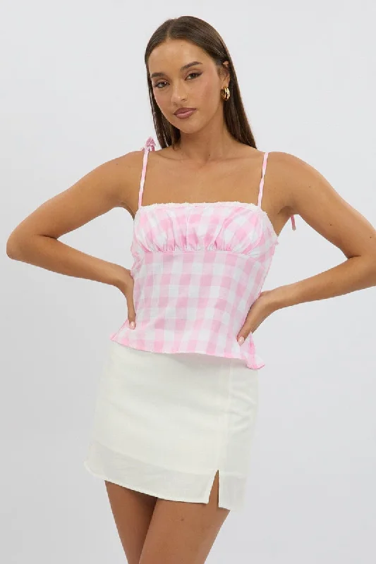 Women's Clothing For Outdoor Activities Pink Check Cami Top Rosette