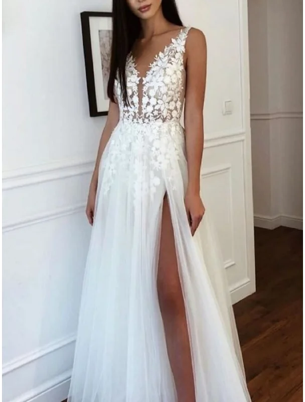 Women's Vacation Garments Beach Formal Wedding Dresses A-Line V Neck Sleeveless Floor Length Lace Bridal Gowns With Pleats Split Front