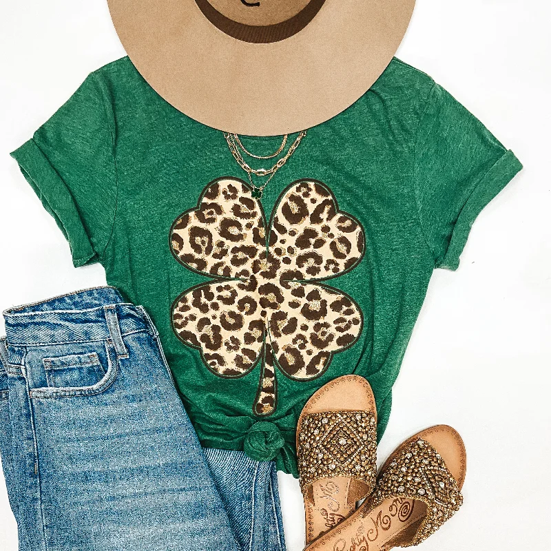 Women's Night-Out Outfit Luck of the Irish Leopard Print Clover Short Sleeve Tee Shirt in Green