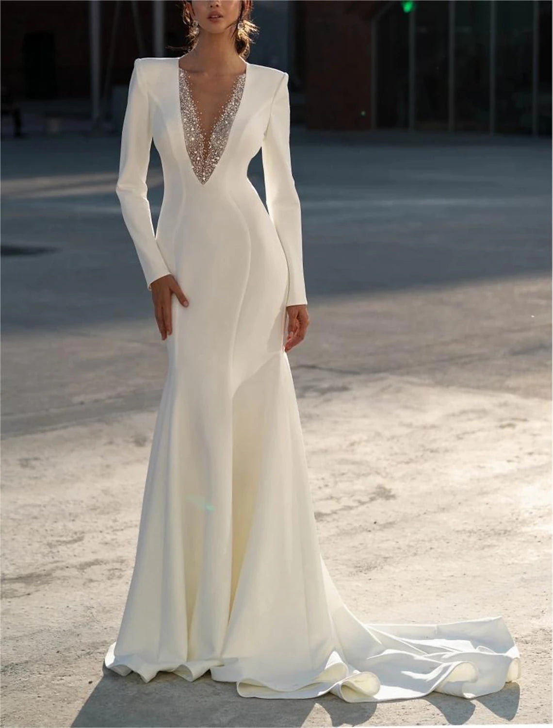 Women's Seasonal Garments Formal Wedding Dresses Mermaid / Trumpet V Neck Long Sleeve Sweep / Brush Train Chiffon Bridal Gowns