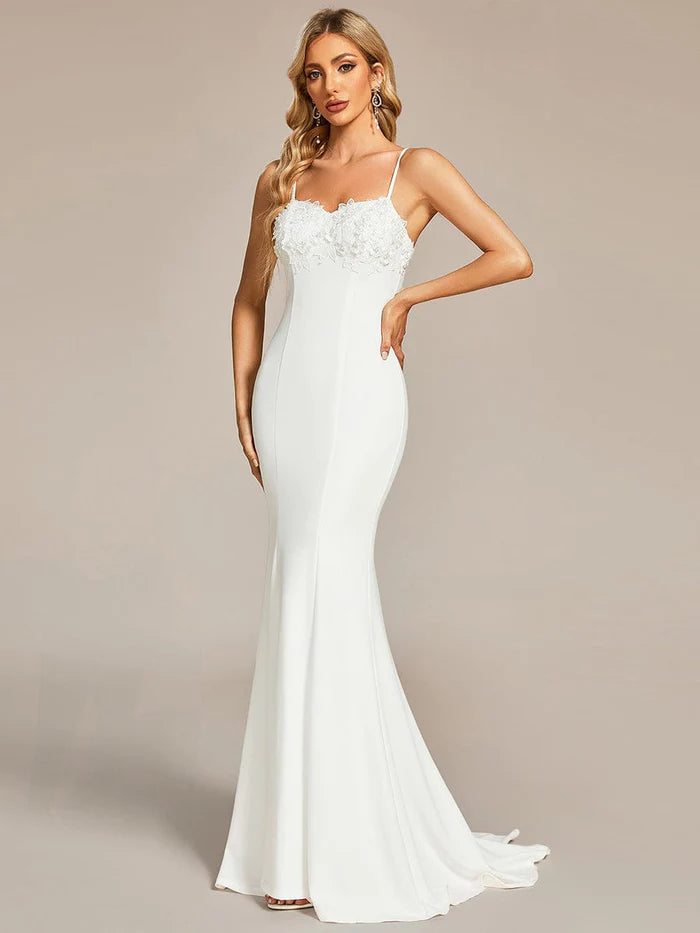 Women's Relaxed Clothes Lace Floral Applique Spaghetti Straps Mermaid Wedding Dress