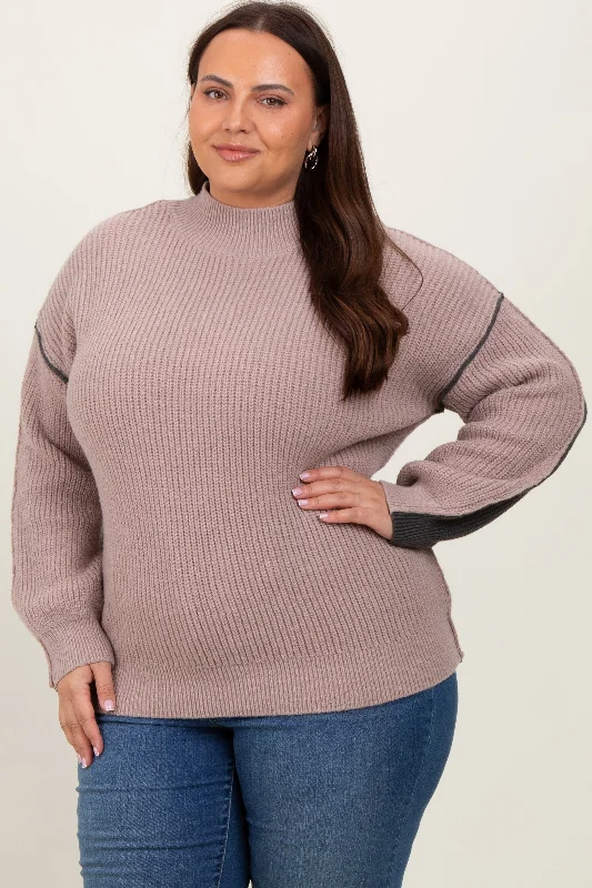 Women's Professional Clothes Mocha Mock Neck Colorblock Plus Sweater