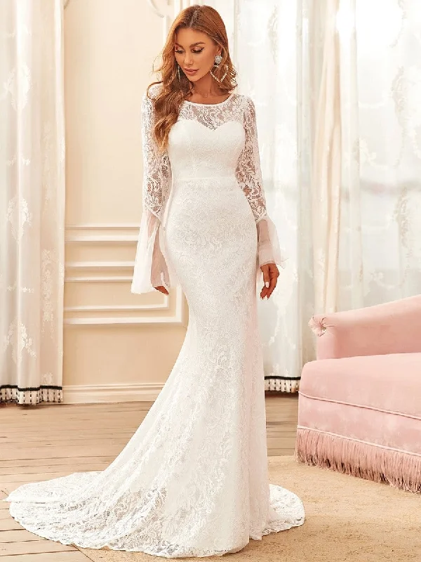 Women's Garments Sweetheart Long Bell Sleeve Mermaid Wedding Dress