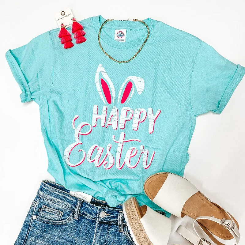 Women's Active Garments For Workouts Happy Easter Bunny Ears Graphic Tee in Neon Mint