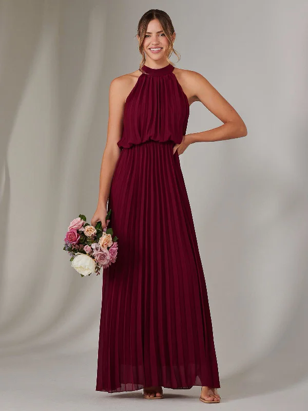 Women's Party Outfit Pleated Bridesmaids Maxi Dress, Burgundy