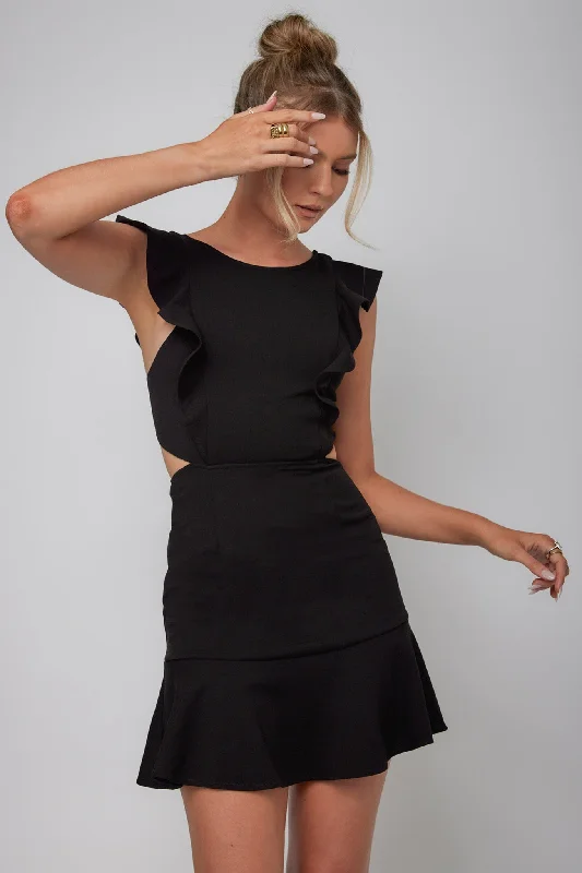 Women's Elegant Outfit Jackie Wide Ruffle Hem Pinafore Dress Black