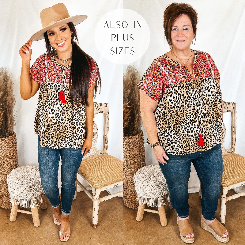 Women's Evening Wear Attire Last Chance Size Small | Fredericksburg In the Spring Embroidered Short Sleeve Top with Front Keyhole in Leopard Print